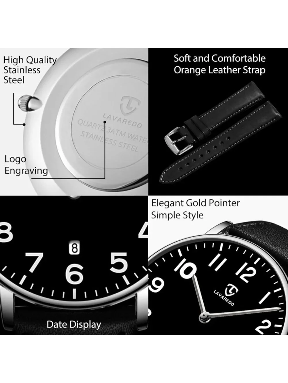 Men's Silver Black Leather Strap Analog Minimalist Fashion Simple Wrist Watch